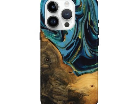 iPhone 15 Pro Wood Live Edge Phone Case - Collins (Teal & Gold, 746304) For Cheap