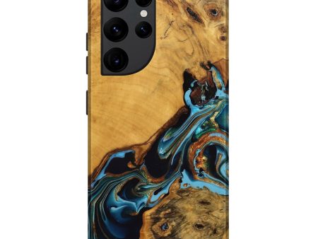 Galaxy S22 Ultra Wood Live Edge Phone Case - Elena (Teal & Gold, 746307) Cheap