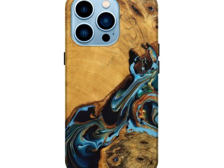 iPhone 14 Pro Wood Live Edge Phone Case - Elena (Teal & Gold, 746307) For Cheap