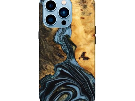 iPhone 14 Pro Wood Live Edge Phone Case - Juliet (Teal & Gold, 746287) Cheap