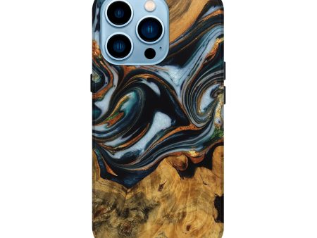 iPhone 14 Pro Wood Live Edge Phone Case - Debi (Teal & Gold, 746310) Discount