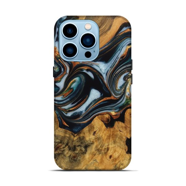 iPhone 14 Pro Wood Live Edge Phone Case - Debi (Teal & Gold, 746310) Discount