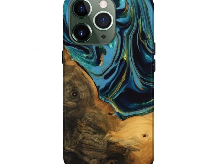 iPhone 13 Pro Wood Live Edge Phone Case - Collins (Teal & Gold, 746304) Supply