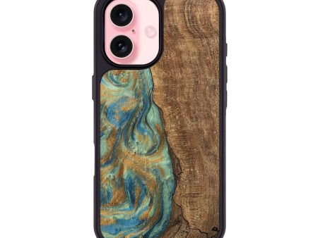 iPhone 16 Wood Phone Case - Teri (Teal & Gold, 745973) Sale