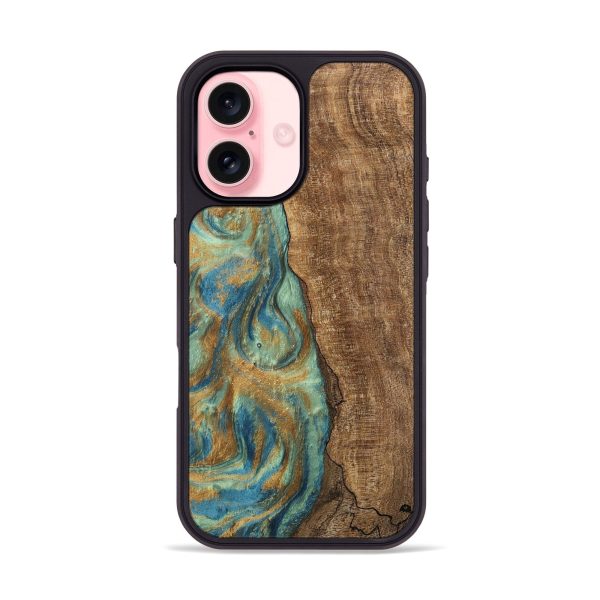 iPhone 16 Wood Phone Case - Teri (Teal & Gold, 745973) Sale