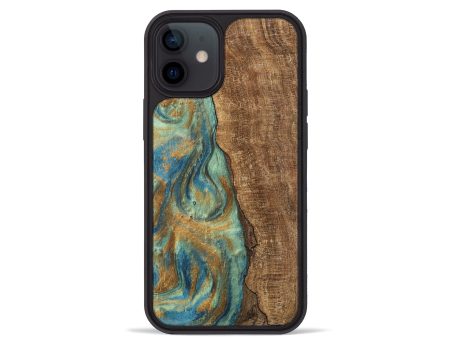 iPhone 12 mini Wood Phone Case - Teri (Teal & Gold, 745973) For Sale